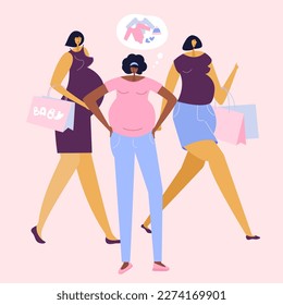 The pregnant woman shopping for her future baby. Group of girls friends buy baby clothes. Preparing for motherhood  and to be a mother, new mom.