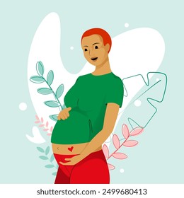 Pregnant woman with short red hair holds her belly with tenderness on green floral background