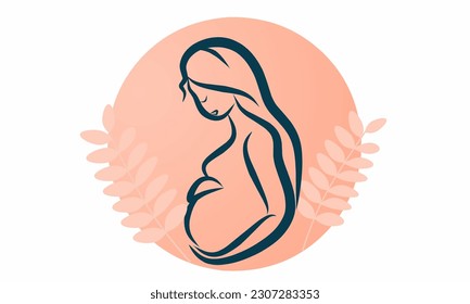 Pregnant woman side view, round pregnancy logo in graphic Modern design for poster, banner. Vector illustration isolated on white background.