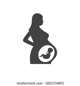 Pregnant woman sign. Pregnancy mother medical clinic. Maternity bearing. Womb fetus. Baby expectation. Flat minimalist design. Black white. product brand service label banner board display. App icon.