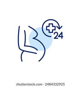 Pregnant woman silhouette, 24 hour healthcare service. Uninterrupted support, continuous maternal health monitoring. Pixel perfect, editable stroke icon