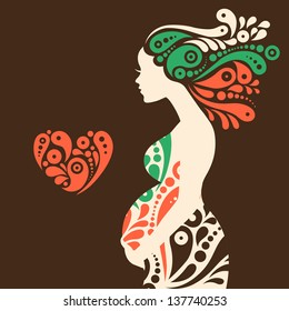 Pregnant woman silhouette with abstract decorative flowers and heart symbol