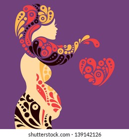 Pregnant woman silhouette with abstract decorative flowers and heart symbol