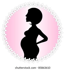 Pregnant woman silhouette against pink background with white flower border.