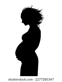 Pregnant woman silhouette. Black and white vector illustration.