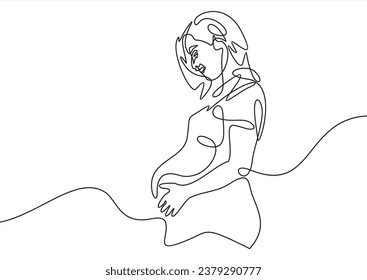 Pregnant Woman Silhouette Continuous One Line Drawing. Female Elegant Silhouette Linear Drawing. Vector Illustration Minimalistic Style for Modern Design: Prints, Wall Art, Posters, Social Media.