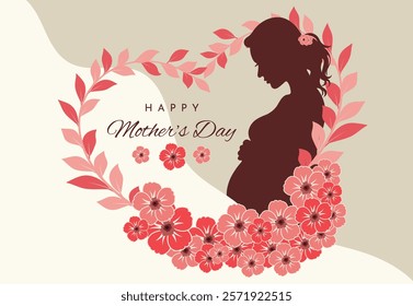 Pregnant woman silhouette with flowers. Mother's day card.