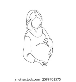 Pregnant woman silhouette isolated on white background. Pregnancy concept in one line art style. Abstract pregnant woman, maternal care, baby, mother, gynecology, health concept. Vector illustration