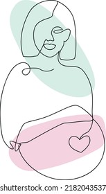 Pregnant woman silhouette line art, one line drawing, sketch of lady with belly, with watercolor stains