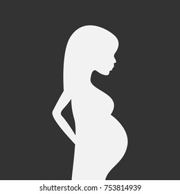 Pregnant woman, silhouette of a pregnant woman with long hair, on a black background.