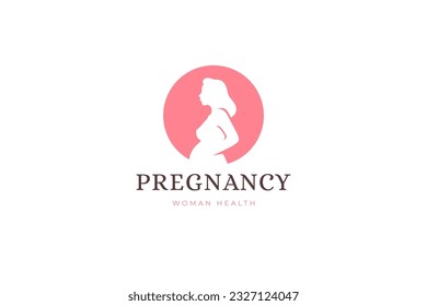 Pregnant woman silhouette pink minimal logo design template for childbirth health clinic vector illustration. Pregnancy female profile tummy emblem for maternity healthcare fitness studio hospital