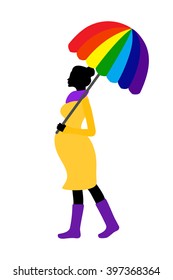 Pregnant woman silhouette with rainbow umbrella and rubber boots