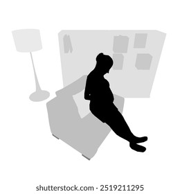 Pregnant woman silhouette sitting on chair isolated on white background. Room with bookcase and chair with pregnant girl. Vector illustration.