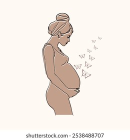 Pregnant Woman Silhouette Trendy Cartoon Drawing. Pregnancy Concept Vector illustration. Minimalist Illustration for Modern Trendy Graphic Design