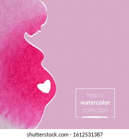Pregnant woman silhouette. Watercolor woman silhouette with white outlines. Happy Mothers day editable greeting template with paper texture background.