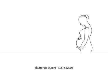 Pregnant woman single continuous line art  Medicine health care pregnancy healthy silhouette holding belly headline concept design one sketch outline drawing white vector illustration