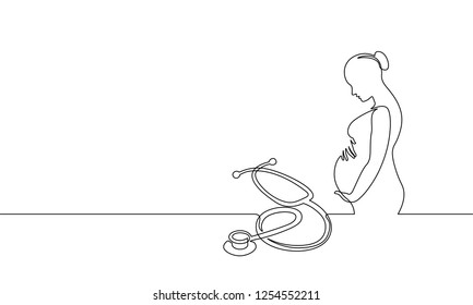 Pregnant woman single continuous line art. Medicine health care pregnancy stethoscope holding belly headline silhouette concept design one sketch outline drawing white vector illustration