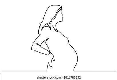 Pregnant woman single continuous line art. Medicine health care pregnancy healthy silhouette holding belly headline concept design one sketch outline drawing white vector illustration. 