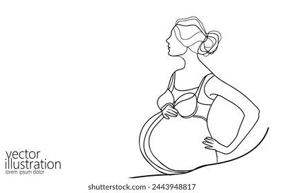  Pregnant woman single continuous line art. Medicine health care pregnancy healthy silhouette holding belly headline concept design one sketch outline drawing white vector illustration