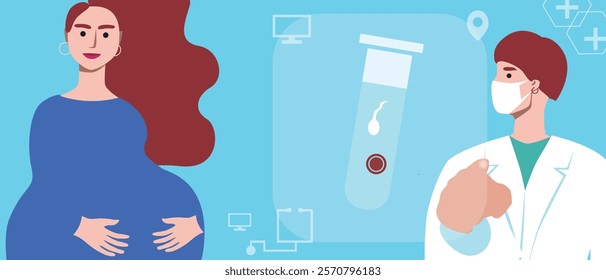 Pregnant woman or single mother as a concept of family planning using in vitro fertilization, flat vector stock illustration, technology consultation with doctor for IVF