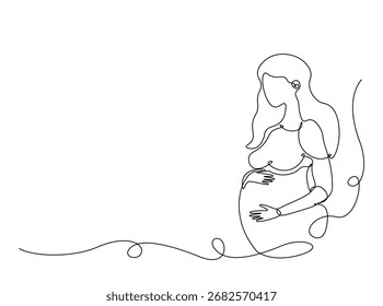 Mulher grávida na ilustração do esboço único. Desenho de arte em linha contínua de uma mulher grávida segurando sua barriga. Traçado editável.