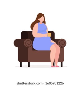 Pregnant woman sit and drink, vector flat illustration