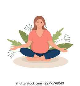 Pregnant woman siting in meditating pose in nature and leaves. Yoga, meditation, relax, retreat, healthy lifestyle concept. Vector illustration in flat cartoon style