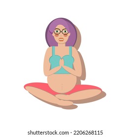 Pregnant woman siting in pose lotos. Yoga exersise for pregnant. Sport and meditation, pregnant belly.