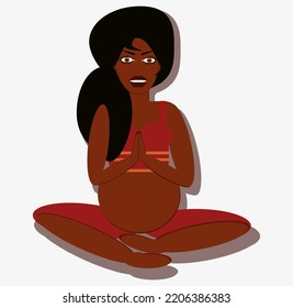 Pregnant woman siting in pose lotos. Yoga exersise for pregnant. Sport and meditation, pregnant belly. African American woman.