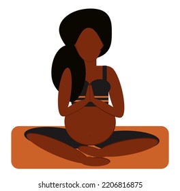 Pregnant woman siting in pose lotos. Yoga exersise for pregnant. Sport and meditation, pregnant belly. African American woman.