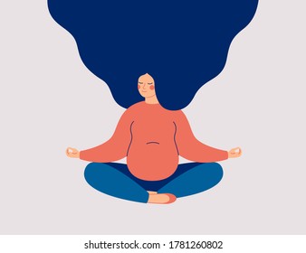 Pregnant woman sits with cross-legged on the floor and meditates with closed eyes. Young woman expecting a baby makes morning yoga, relaxes at home or breathing exercises. Health care vector concept