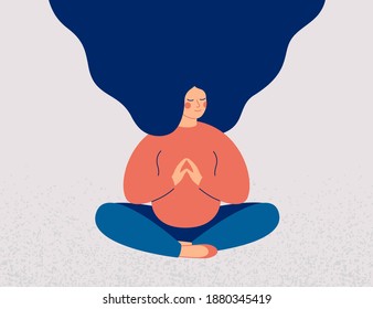 Pregnant woman sits cross-legged on the floor and meditates with closed eyes. Girl makes morning yoga, relaxes at home or breathing exercises. Body positive and health care concept. Vector 