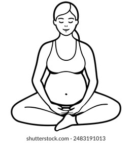 A pregnant woman sits in lotus position with closed eyes