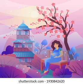 pregnant woman sits on a bench in a spring garden. Beautiful Japanese landscape with cherry blossoms, mountains, pagoda. Vector illustration of a pregnant woman under a tree  Sakura in a flat style.
