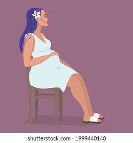 A pregnant woman sits on a chair and holds her belly. Modern illustration