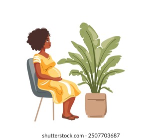 Pregnant woman sits on chair near potted home plant, side view on white background