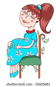 The pregnant woman sits on a chair. Isolated on white. Vector illustration.