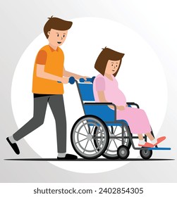 A pregnant woman sits in a wheelchair with her husband pushing the wheelchair for her. Cartoon Vector 