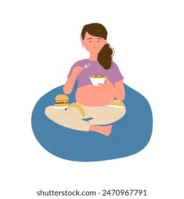 Schwangere Frau sitzt im Sessel mit Essen, hungrige weibliche Figur isst Salat Vektorillustration