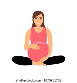 Pregnant woman sitting in asana yoga pose and smiling in flat design. Pregnancy female feel relaxation after meditation.