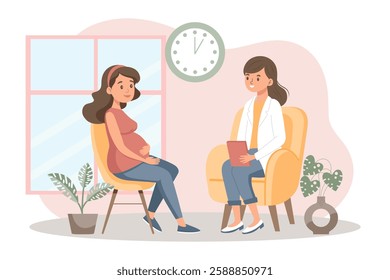 Pregnant woman sitting with doctor. Prenatal doctor consultation. Monitoring pregnancy and healthy. Flat style illustration. 