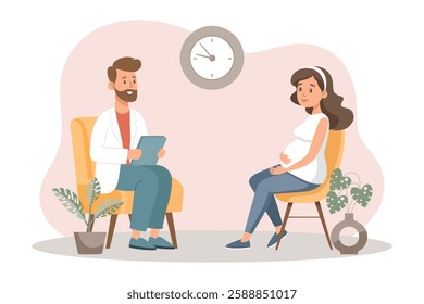 Pregnant woman sitting with doctor. Prenatal doctor consultation. Monitoring pregnancy and healthy. Flat style illustration. 