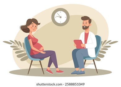 Pregnant woman sitting with doctor. Prenatal doctor consultation. Monitoring pregnancy and healthy. Flat style illustration. 