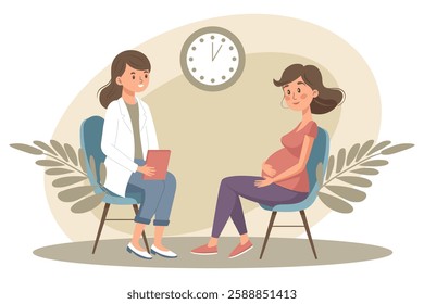 Pregnant woman sitting with doctor. Prenatal doctor consultation. Monitoring pregnancy and healthy. Flat style illustration. 