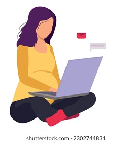 Pregnant woman sitting with her laptop. The concept of freelancing or studying while pregnant. Cute illustration of a young girl in a faceless style.