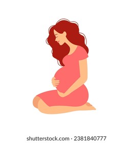 Pregnant woman sitting and holding her stomach. Woman holds her belly isolated on the white background.