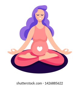 Pregnant woman sitting in lotus meditation, with mudra hands. Yoga vector flat illustration