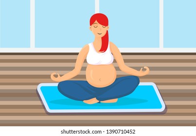 Pregnant Woman Sitting in Lotus Pose Illustration. Young Girl Concentrating, Doing Yoga. Breathing Meditation Technique. Female Vector Cartoon Character Relaxing, Resting. Red Hair Lady Exercising