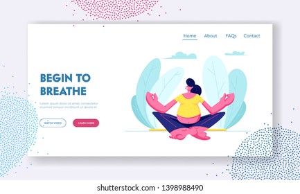 Pregnant Woman Sitting in Lotus Pose Doing Yoga Meditation. Health Care, Pregnancy Exercises, Maternity. Child Bearing, Baby. Website Landing Page, Web Page. Cartoon Flat Vector Illustration, Banner