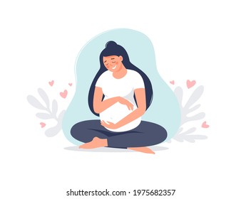 Pregnant woman sitting in lotus pose isolated on green. Pregnancy female practicing yoga. Vector flat illustration. Concept of maternity and healthy lifestyle for banner, landing page, card